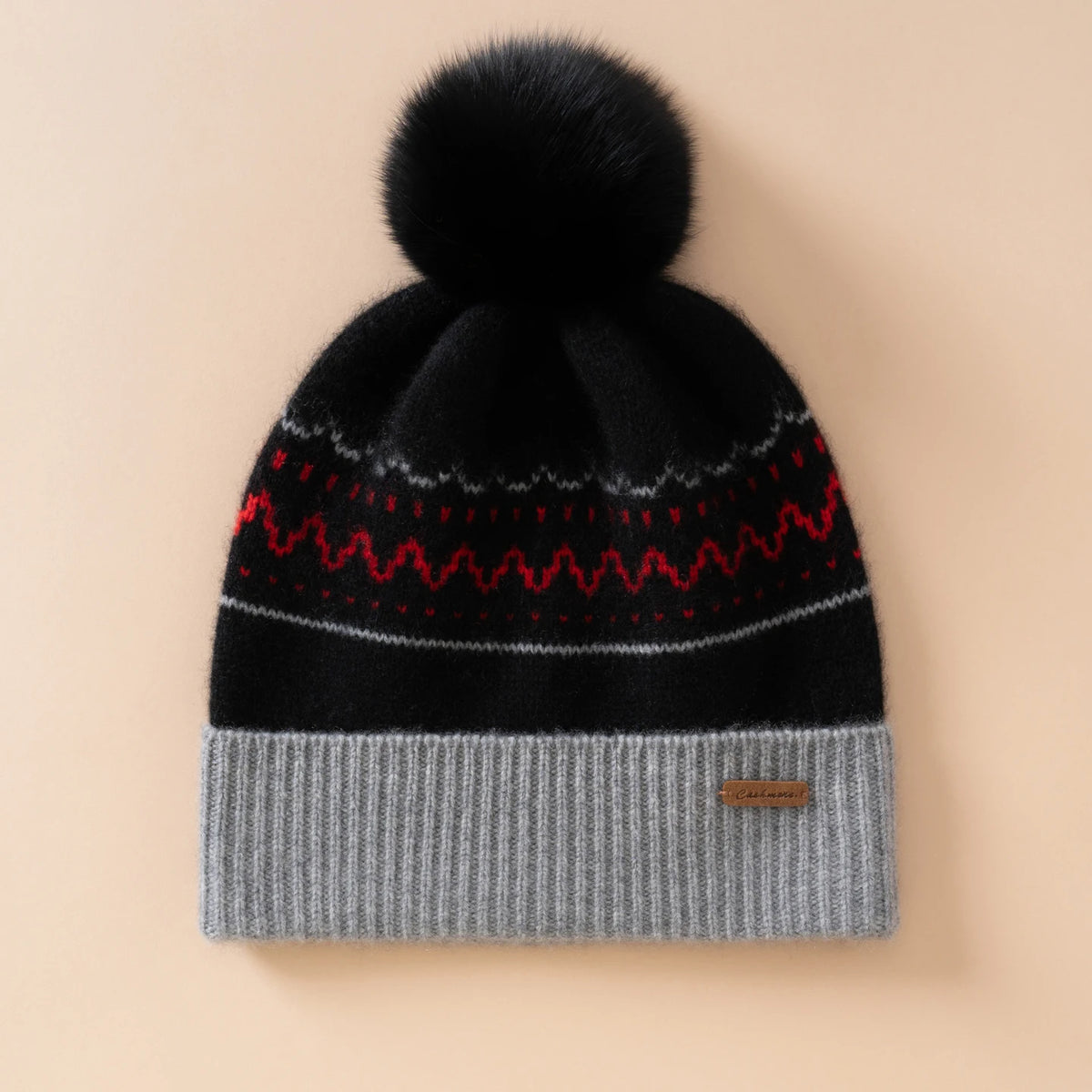 Bonnet Jacquard Nordique en Cachemire à Pompon Fourrure
