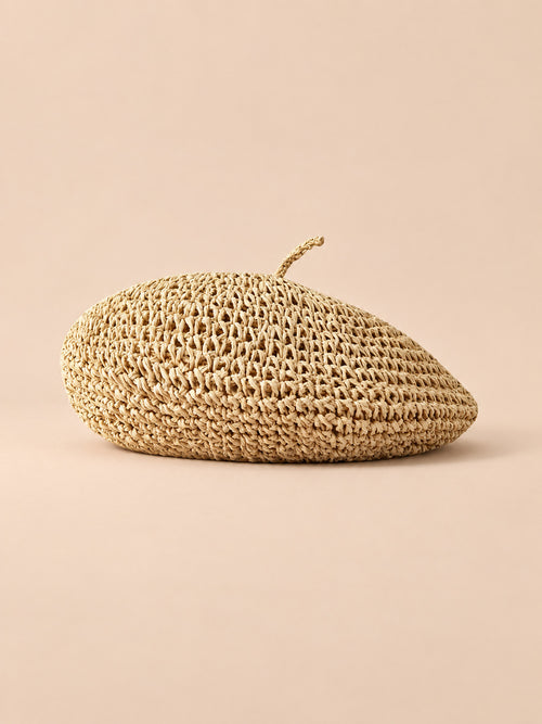 Gehäkeltes Damen-Sommerbarett aus Papierstroh – Farbvariante Beige, Dreiviertelansicht