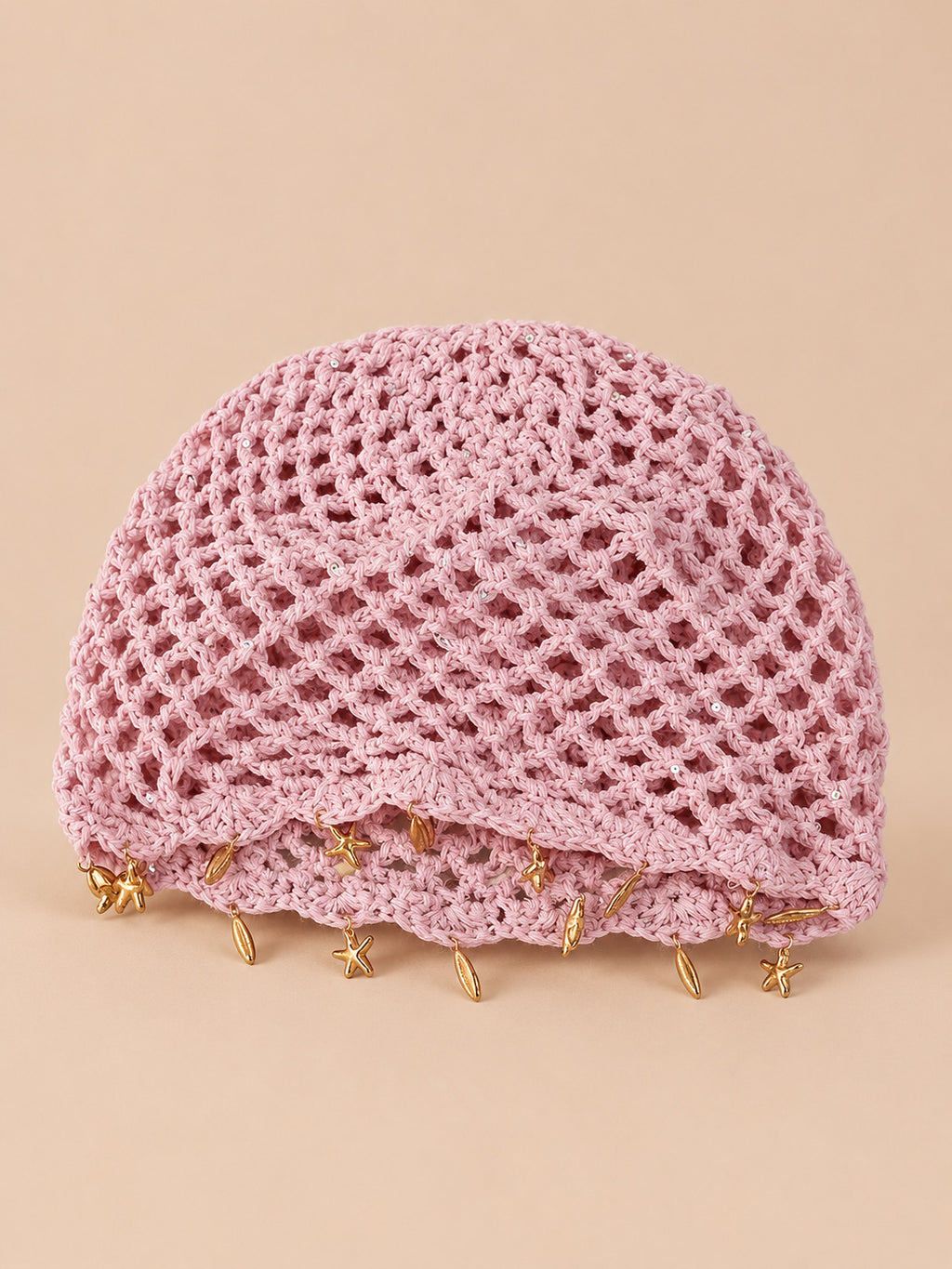 Luftige Baskenmütze im Retro-Stil mit Sternenfransen – Rosa mit goldenen Sternen, Vorderansicht
