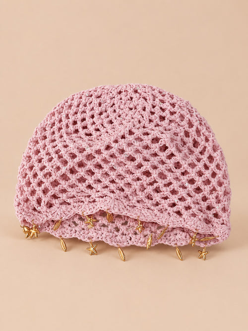 Luftige Baskenmütze im Retro-Stil mit Sternenfransen – Rosa mit goldenen Sternen, Vorderansicht