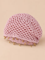 Luftige Baskenmütze im Retro-Stil mit Sternenfransen – Farbvariante Rosa, goldene Sterne, Dreiviertelansicht