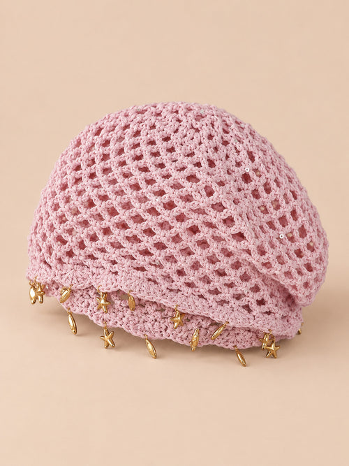 Luftige Baskenmütze im Retro-Stil mit Sternenfransen – Farbvariante Rosa, goldene Sterne, Dreiviertelansicht
