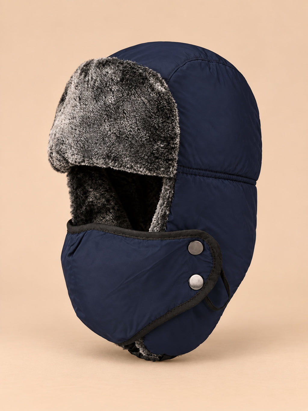 Fliegermütze mit windabweisender Maske für den Winter – Farbvariante Blau, Dreiviertelansicht