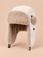 Einfarbige Fliegermütze aus Cord mit Ohrenklappen – Farbvariante Beige, Dreiviertelansicht