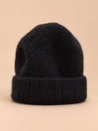Elastische Mohairmütze für Damen mit Wolle und Rippenstrick – Schwarz, Vorderansicht