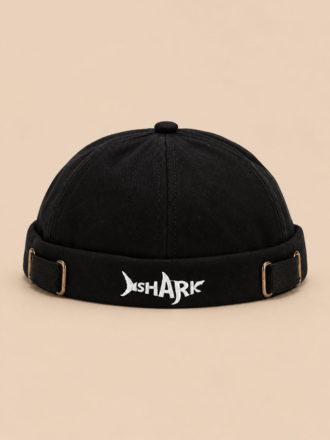 Bonnet docker Bocca noir en coton, broderie SHARK et boucles réglables, vue de face.