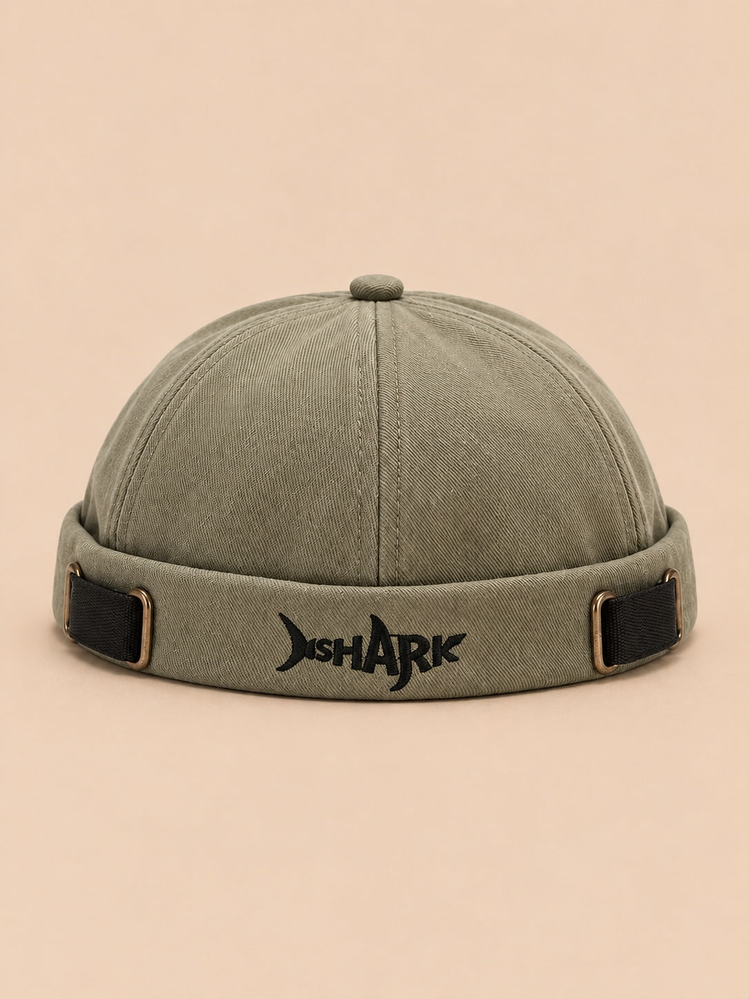 Bonnet docker Bocca vert en coton, broderie SHARK et boucles réglables, vue de face.
