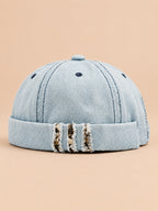 Denim-Dockermütze Bocca mit Leoparden-Patchwork – Farbvariante Hellblau, Ansicht von vorn