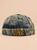 Denim-Dockermütze Bocca mit Leoparden-Patchwork – Farbvariante Gelb, Ansicht von vorn