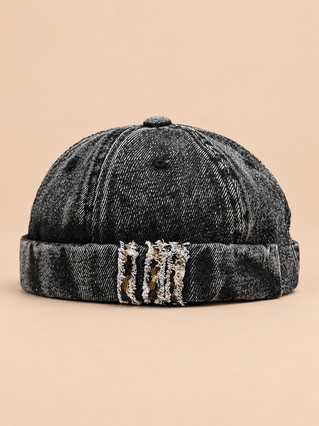 Schwarze Denim-Dockermütze Bocca mit ausgefranstem Umschlag und Details im Leopardenmuster, Vorderansicht
