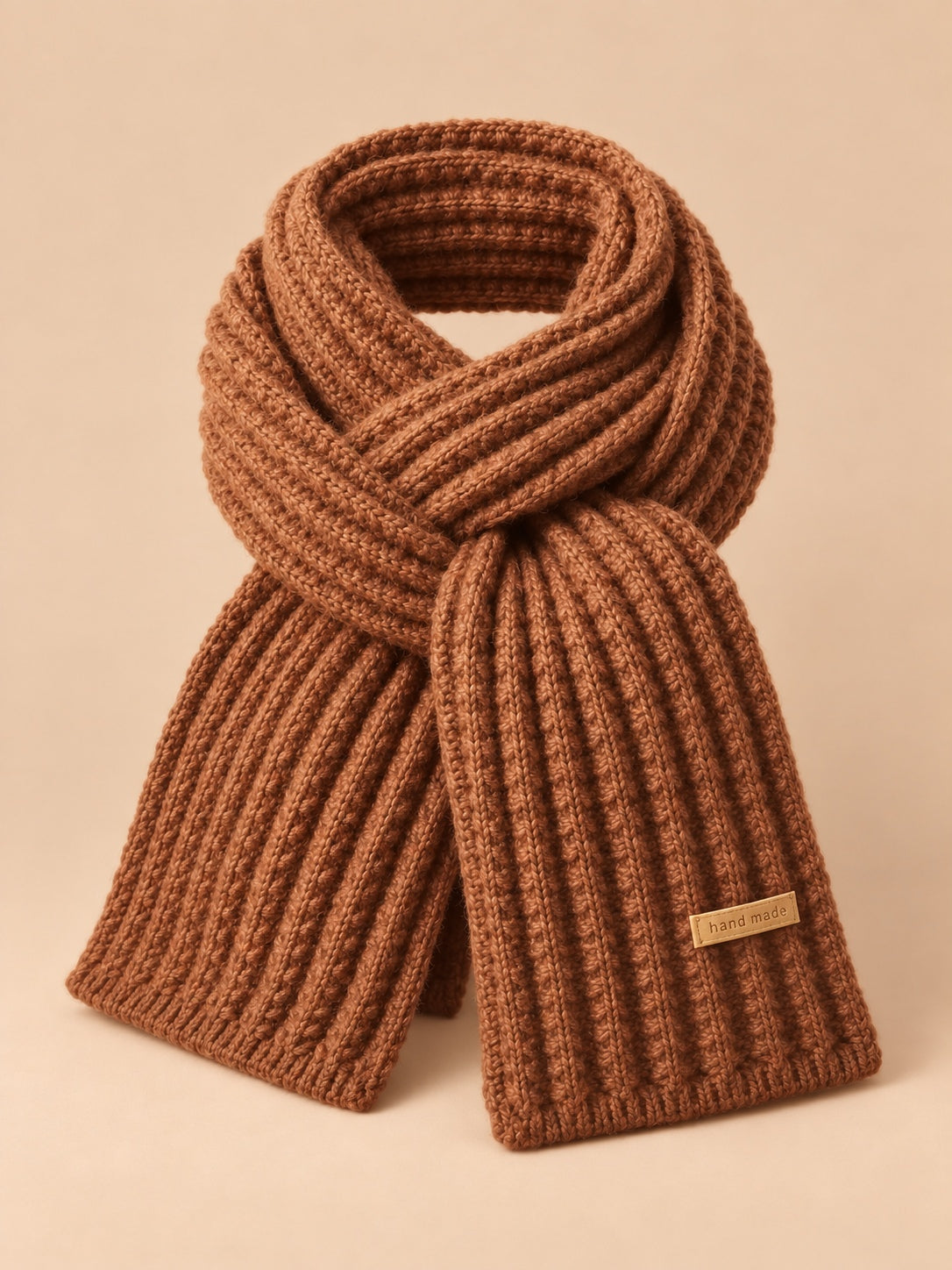 Écharpe longue en maille côtelée à étiquette chocolat, vue de face.