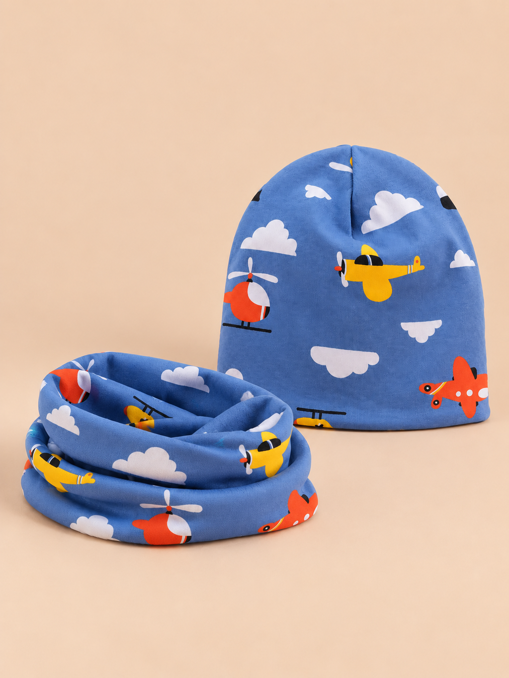 Blaues Mütze-Schal-Set für Kinder mit Flugzeugmotiv – Flugzeug Blau, Vorderansicht