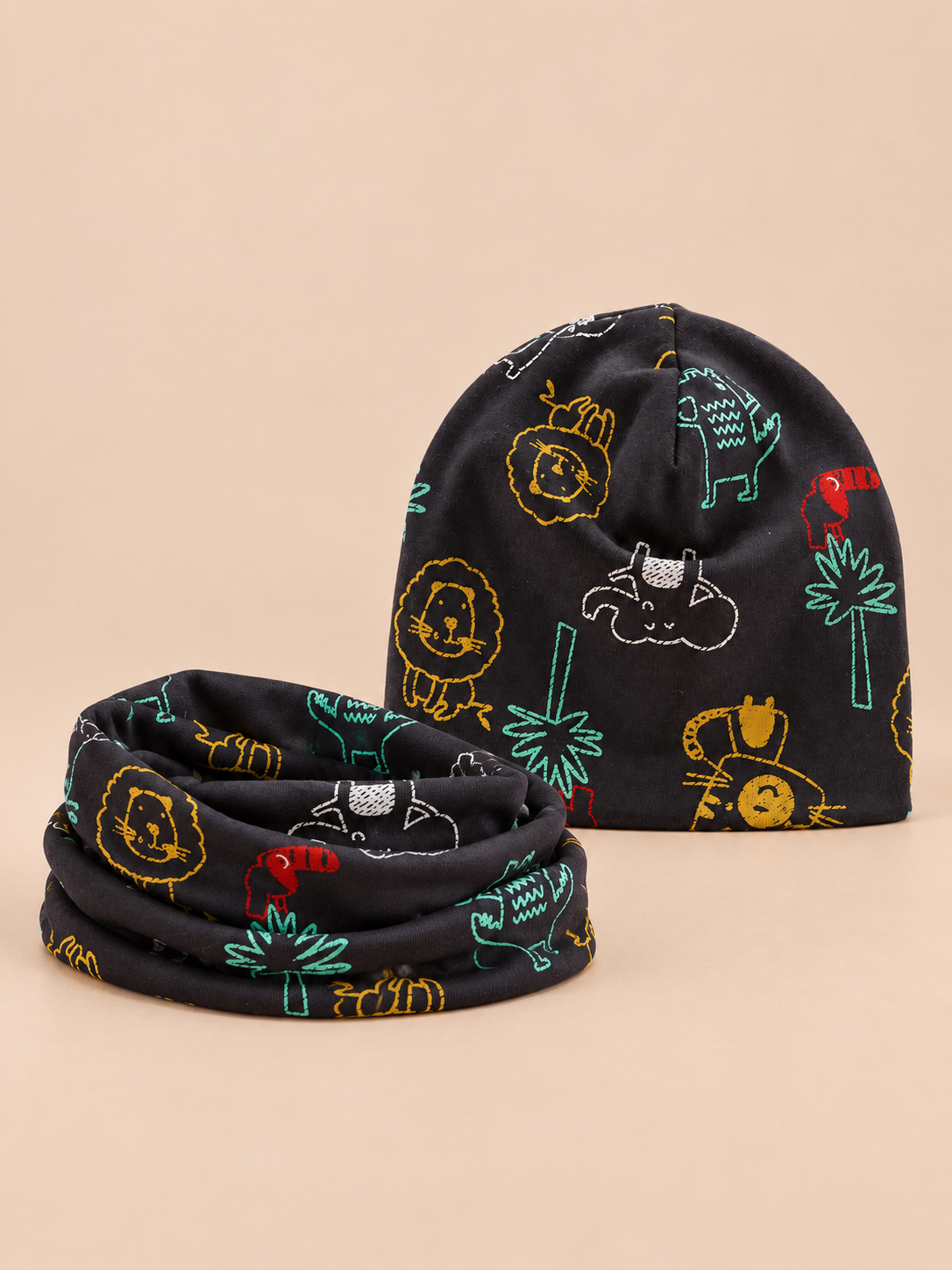 Ensemble bonnet et snood enfant Lion gris-bleu, vue de face.