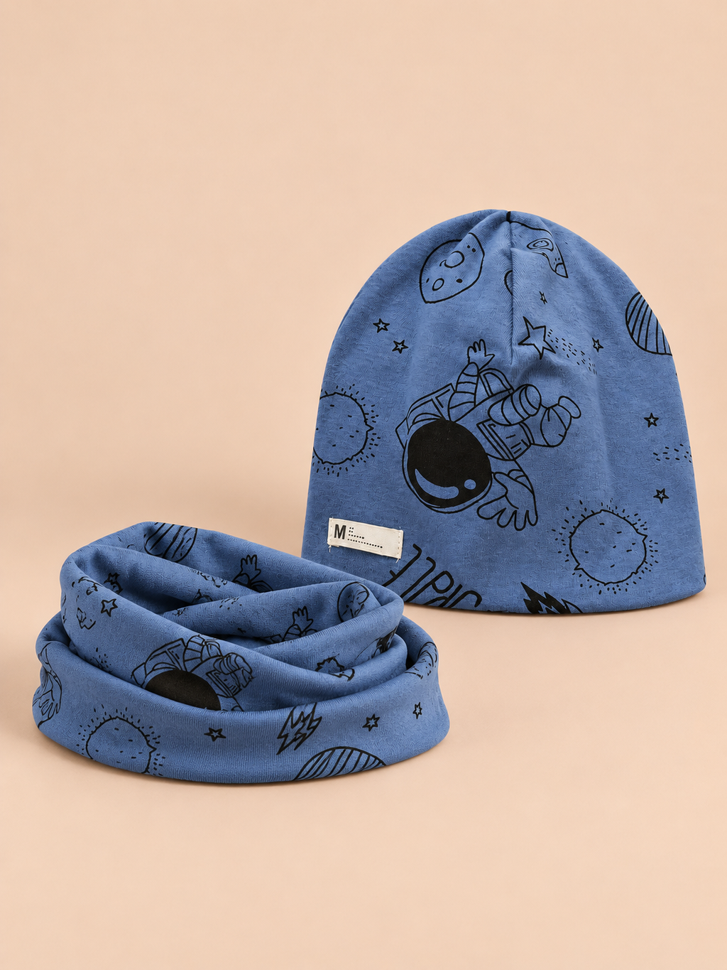 Mütze-Schal-Set für Kinder mit Mond- und Sternenmotiven – Mond und Stern Blau, Vorderansicht
