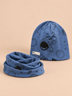 Mütze-Schal-Set für Kinder mit Mond- und Sternenmotiven – Mond und Stern Blau, Vorderansicht