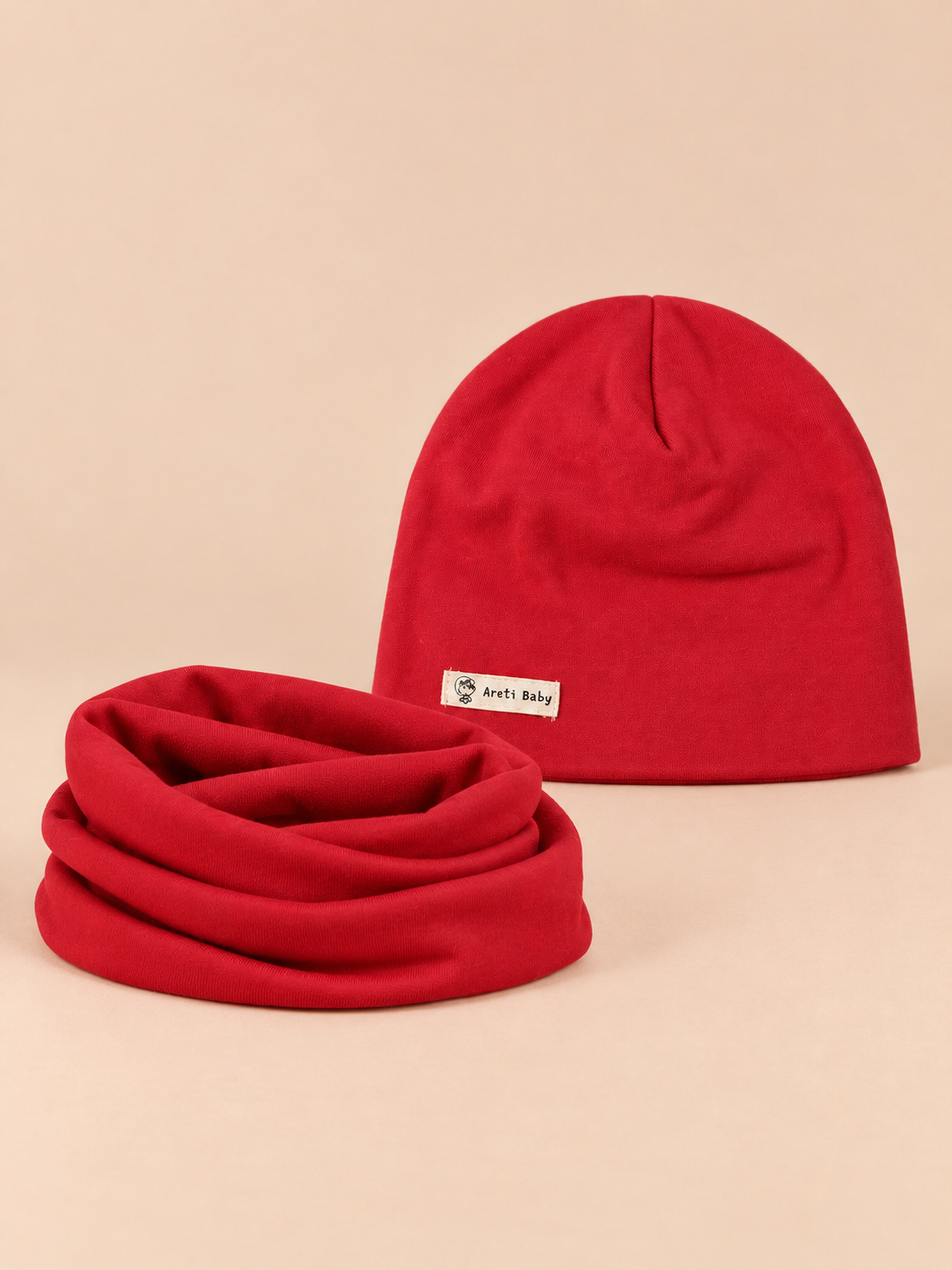 Ensemble bonnet et snood enfant Rouge, vue de face.