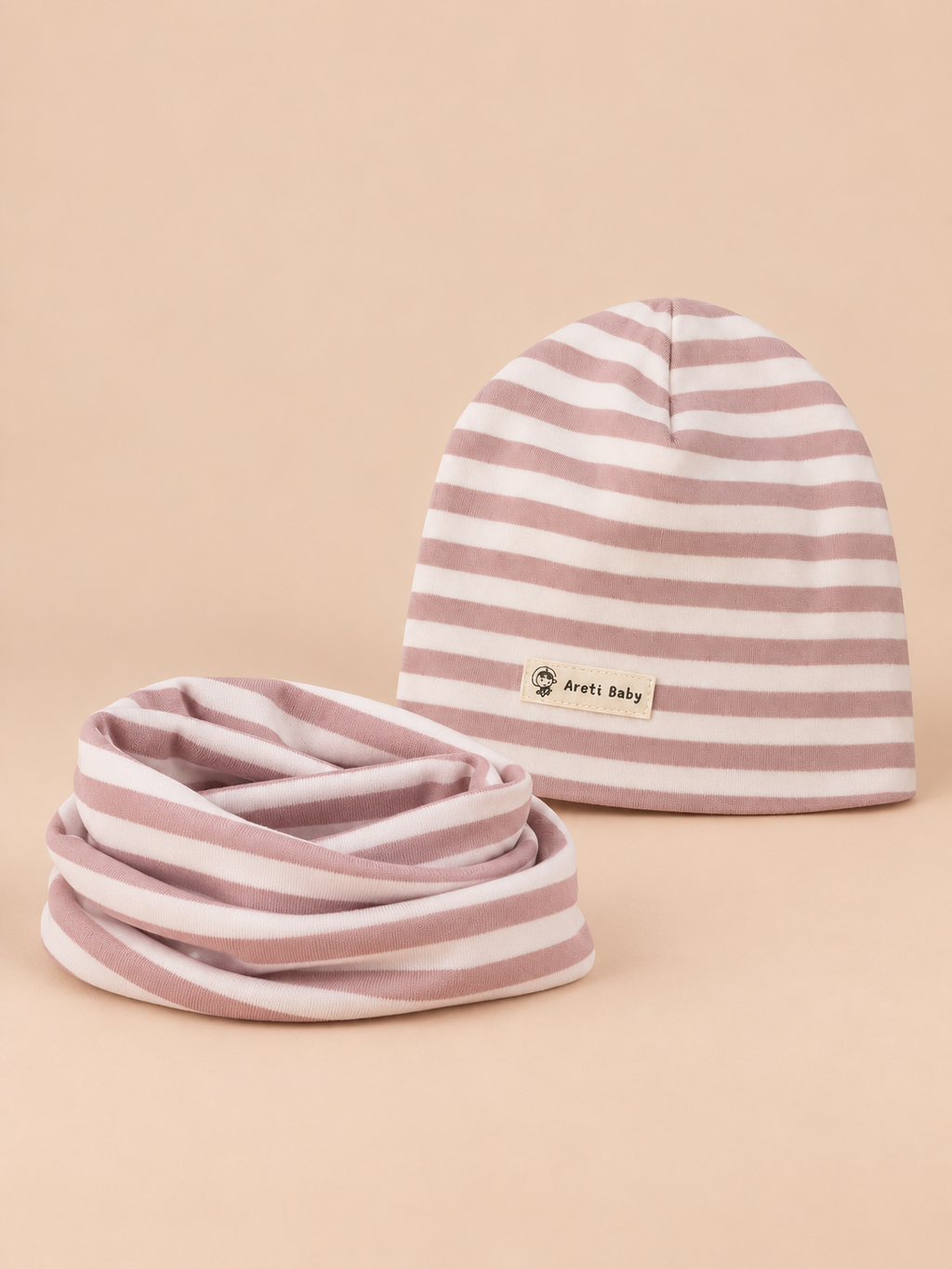 Gestreiftes Mütze-Schal-Set für Kinder – Variante Streifen Rosa und Weiß, Ansicht von vorn