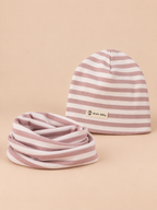 Gestreiftes Mütze-Schal-Set für Kinder – Variante Streifen Rosa und Weiß, Ansicht von vorn
