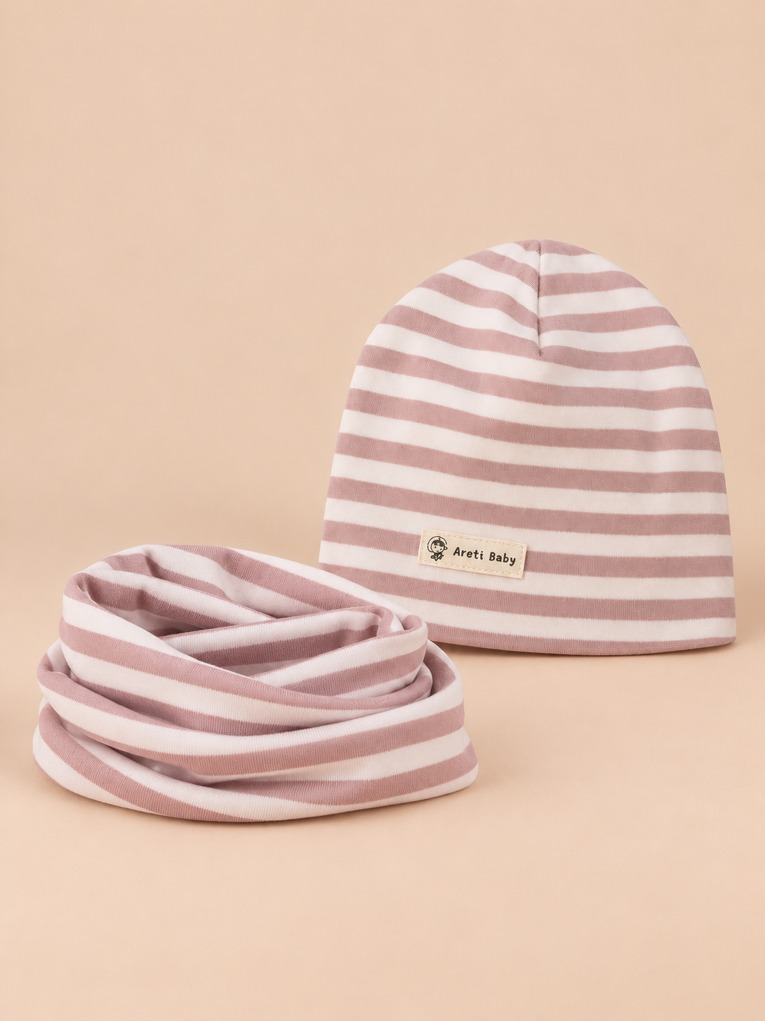 Ensemble bonnet et snood enfant Rayures rose et blanc, vue de face.