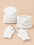 Winterset aus elastischem Strick mit Mütze, Schlauchschal und Handschuhen – Weiß, Vorderansicht