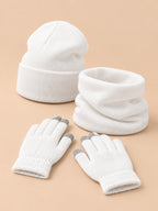 Winterset aus elastischem Strick mit Mütze, Schlauchschal und Handschuhen – Farbvariante Weiß, Dreiviertelansicht