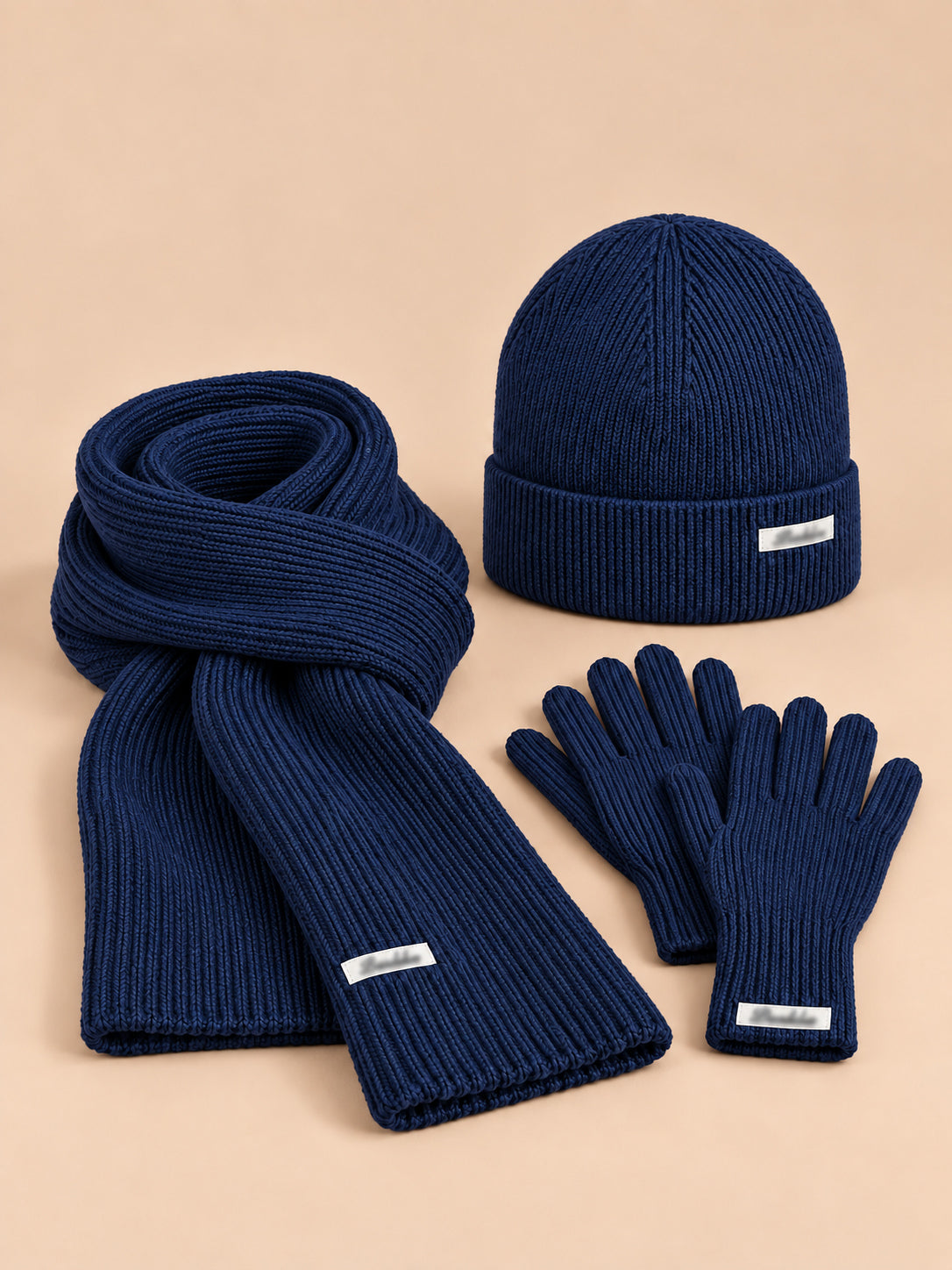 Winterset für Damen mit Mütze, Schal und Handschuhen im koreanischen Stil – Farbvariante Marineblau, Ansicht von vorn