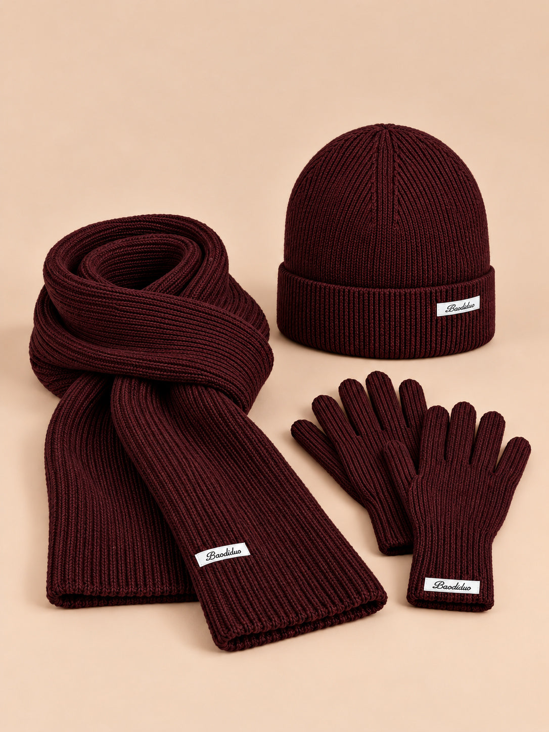 Winterset für Damen mit Mütze, Schal und Handschuhen im koreanischen Stil – Farbvariante Rotbraun, Ansicht von vorn