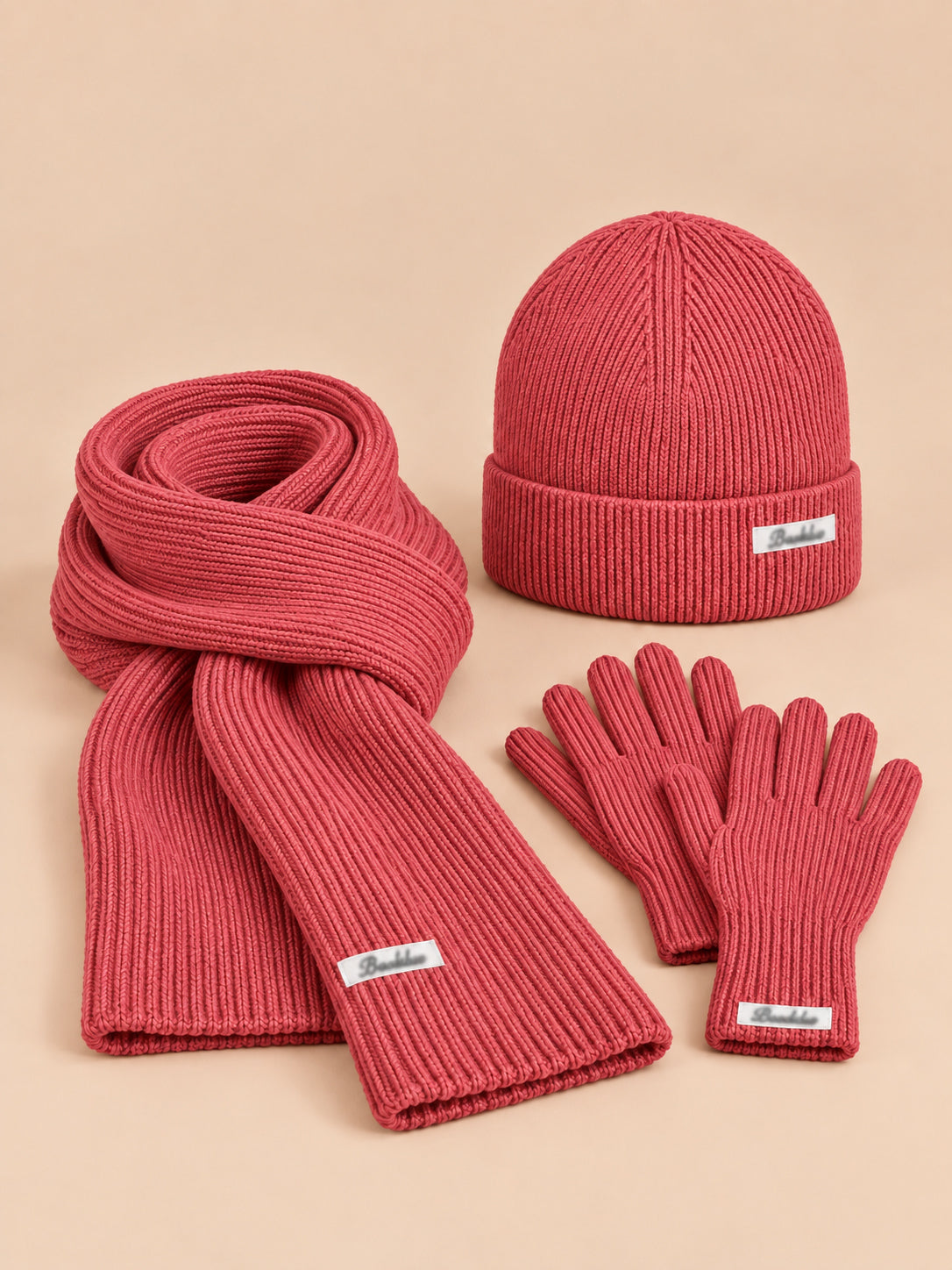 Winterset für Damen mit Mütze, Schal und Handschuhen im koreanischen Stil – Farbvariante Fuchsia, Ansicht von vorn