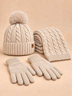 Winterset mit Fleecefutter, Mütze, Schal und Touchscreen-Handschuhen – Farbvariante Beige, Ansicht von vorn