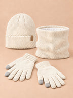 Winterset mit Mütze, Schlauchschal und Touchscreen-Handschuhen – Farbvariante Beige, FURTALK, Ansicht von vorn