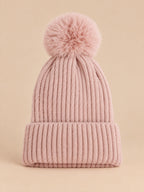 Bommelmütze mit großem, weichem Bommel zum Skifahren – ohne Logo, Farbvariante Rosa, Ansicht von vorn