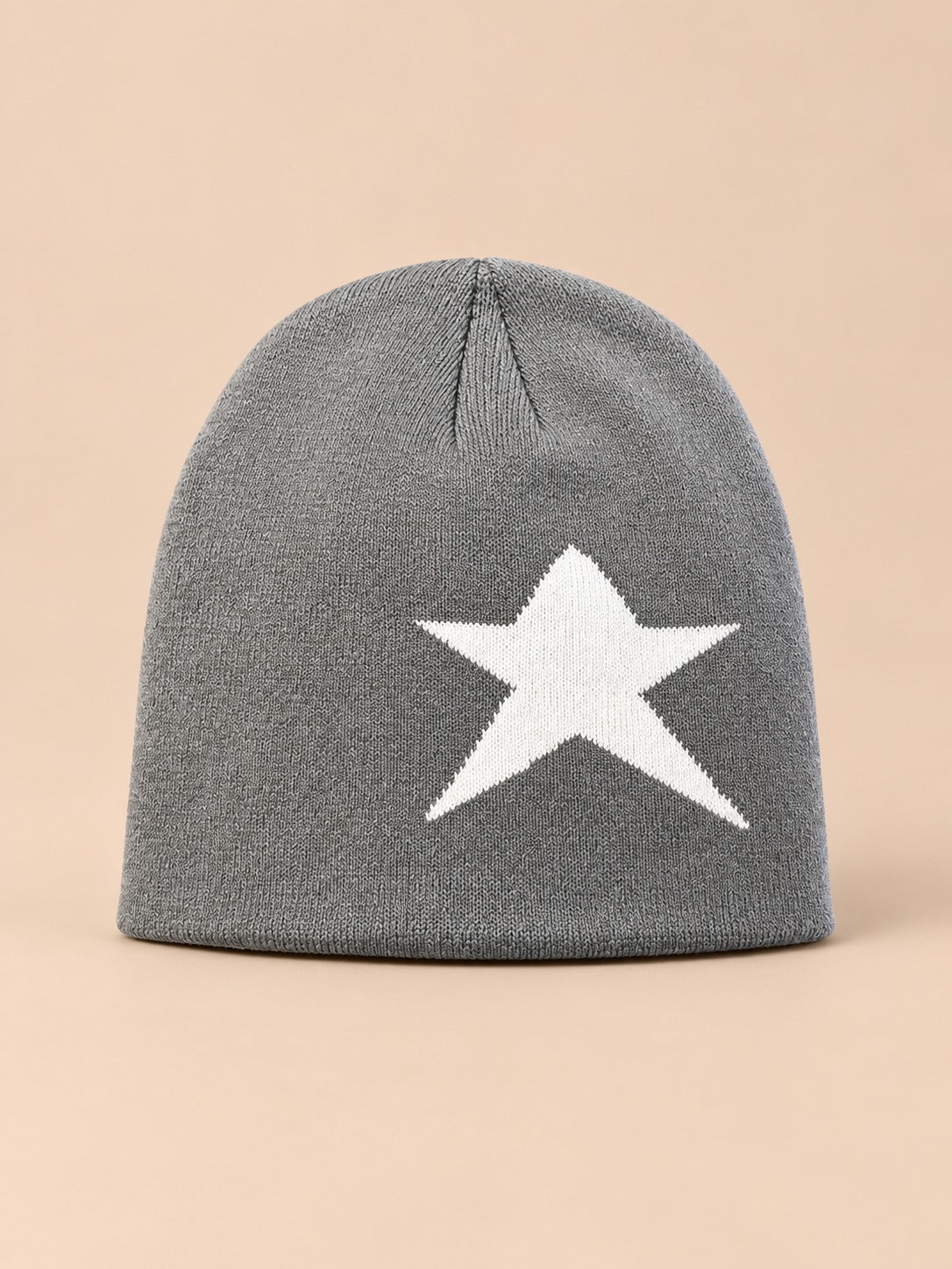 Vintage-Beanie mit Stern im Hip-Hop-Streetwear-Stil – Farbvariante Grau / Weiß, Ansicht von vorn