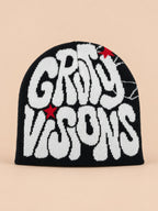 Hip-Hop-Beanie aus Strick mit Buchstaben im Streetwear-Stil – Farbvariante Schwarz / Weiß, GRIND VISIONS, Ansicht von vorn