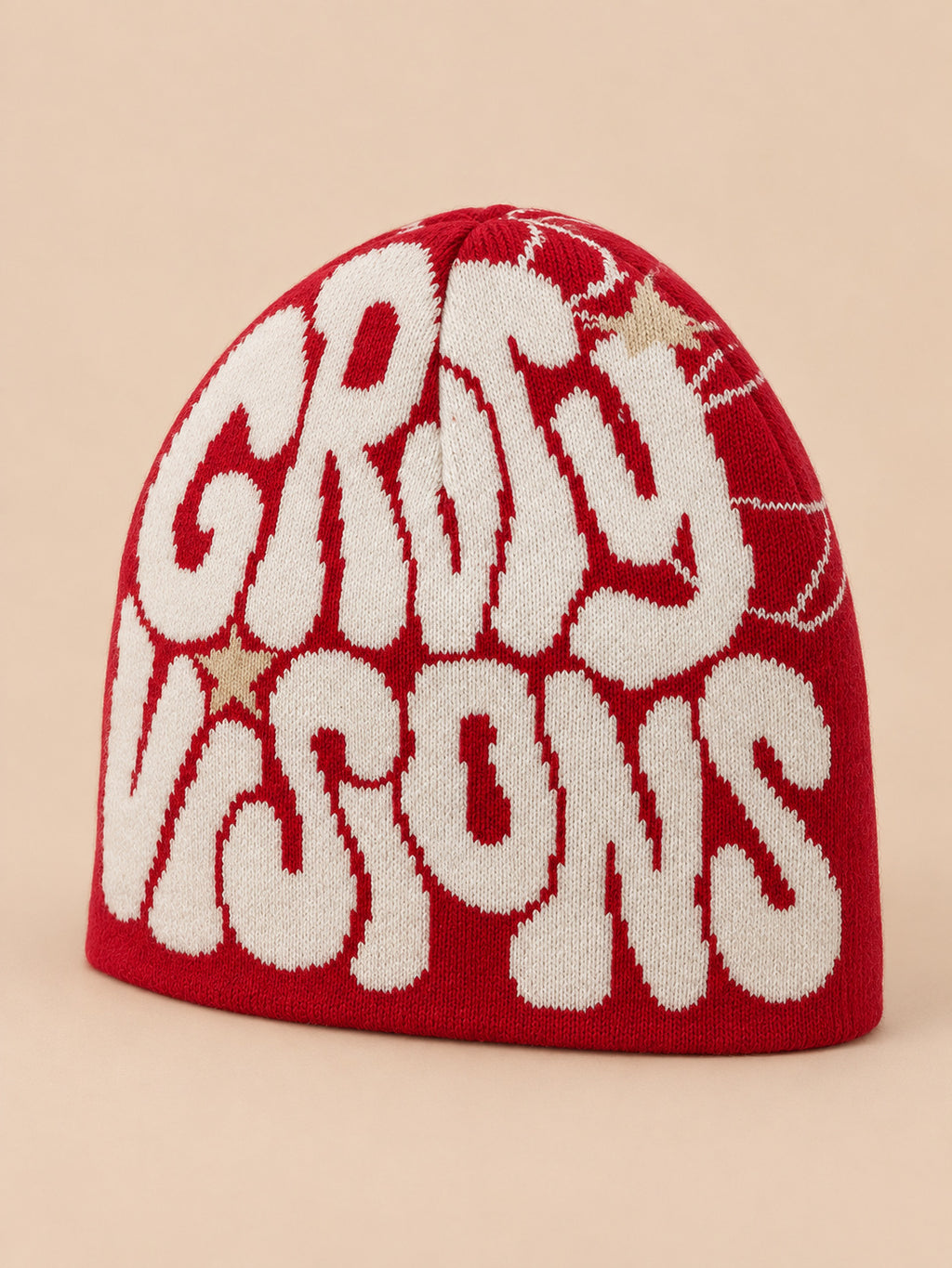 Hip-Hop-Beanie aus Strick mit Buchstaben im Streetwear-Stil – Farbvariante Rot / Weiß, GRIND VISIONS, Dreiviertelansicht