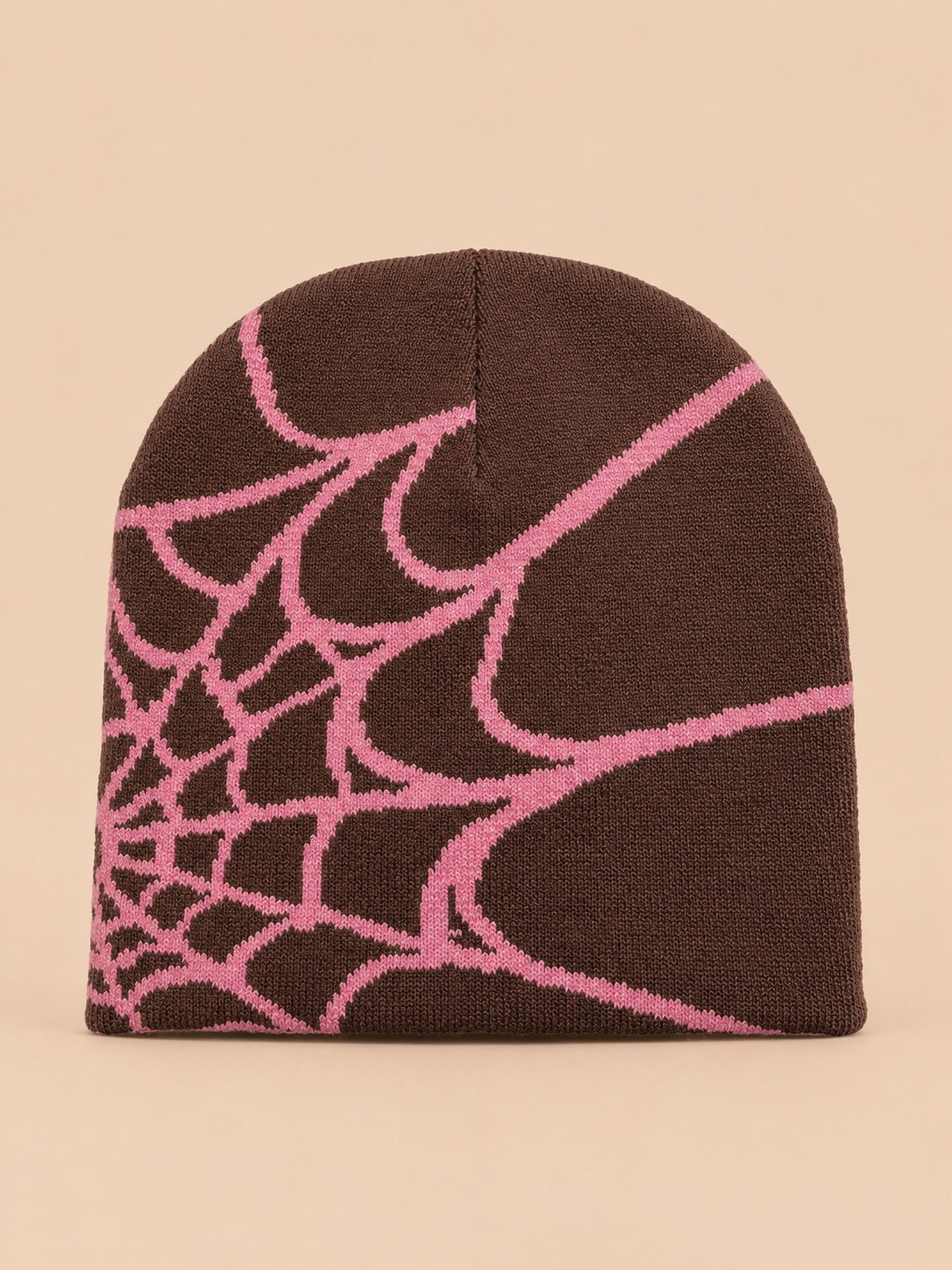 Beanie mit Spinnennetzmuster für jede Jahreszeit – Farbvariante Kaffeebraun / Rosa, Ansicht von vorn