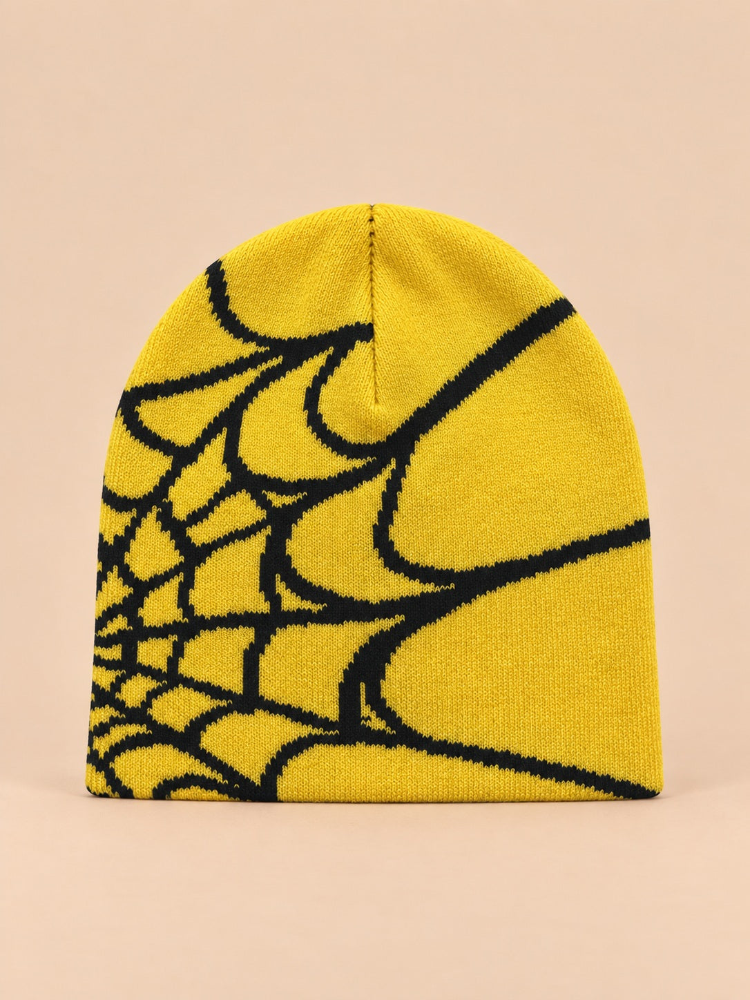 Beanie mit Spinnennetzmuster für jede Jahreszeit – Gelb und Schwarz, Vorderansicht