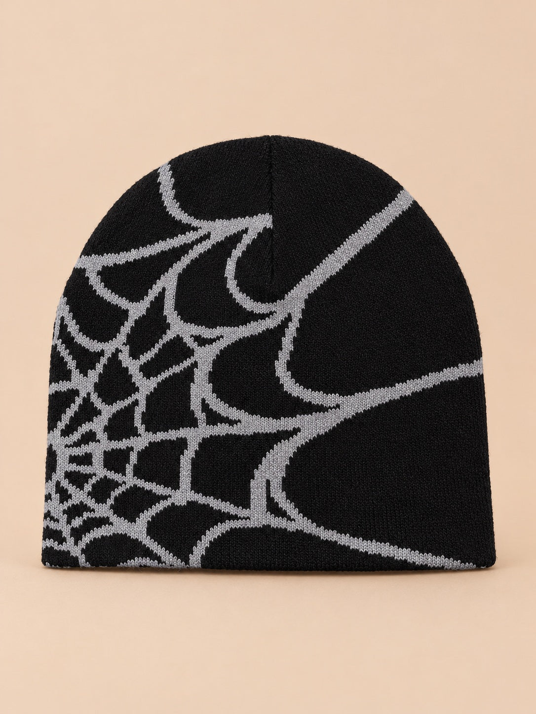 Beanie mit Spinnennetzmuster für jede Jahreszeit – Farbvariante Schwarz / Grau, Ansicht von vorn