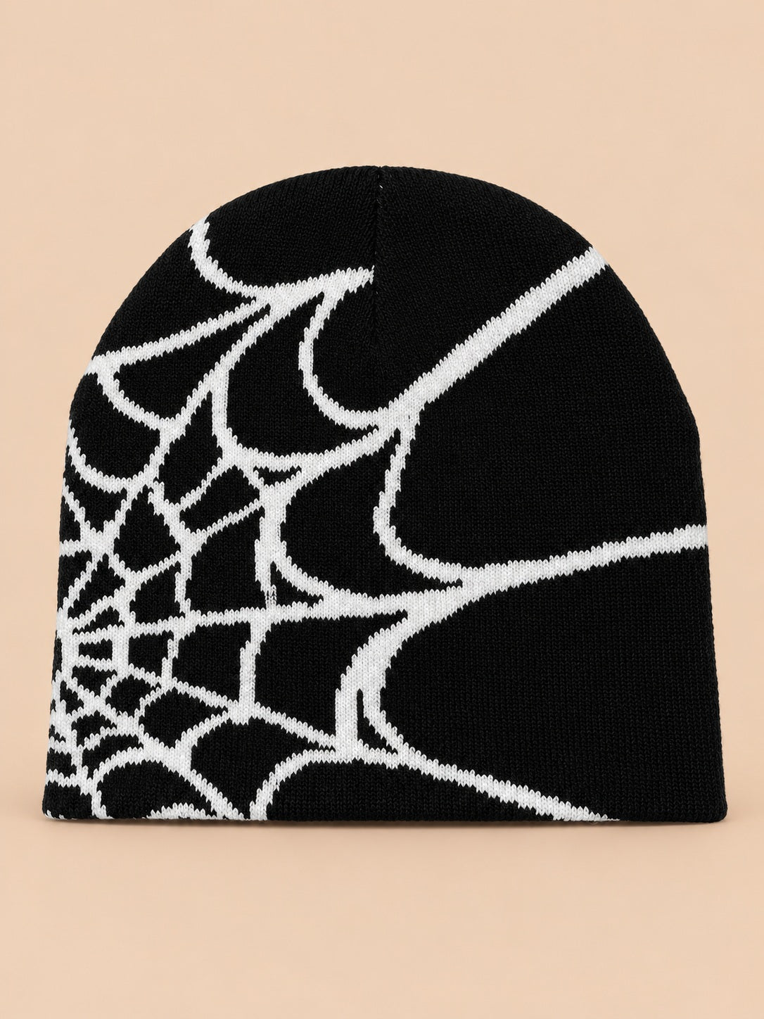 Beanie mit Spinnennetzmuster für jede Jahreszeit – Farbvariante Schwarz / Weiß, Ansicht von vorn