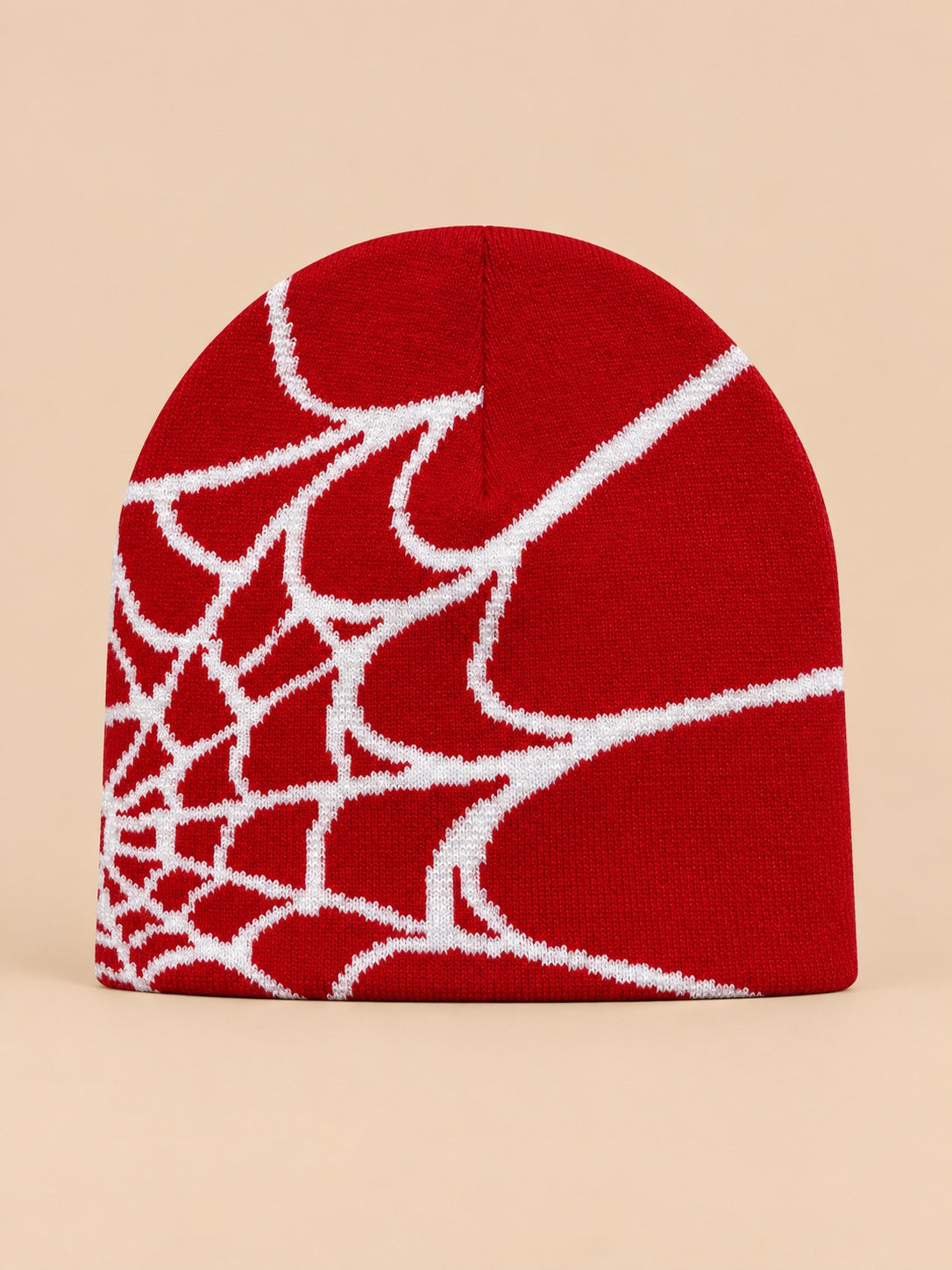 Beanie mit Spinnennetzmuster für jede Jahreszeit – Farbvariante Rot / Weiß, Ansicht von vorn