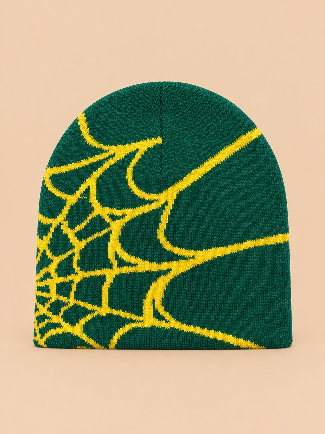 Beanie mit Spinnennetzmuster für jede Jahreszeit – Farbvariante Grün / Gelb, Ansicht von vorn