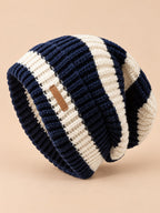 Leichte gestreifte Strickmütze im koreanischen Stil – Marineblau, Dreiviertelansicht