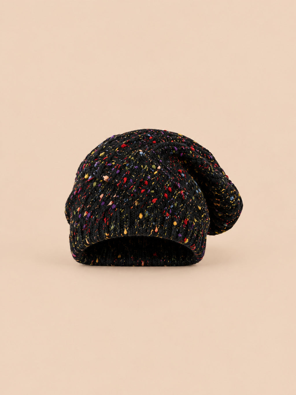 Zweifarbiger Long Beanie für Damen aus dickem, meliertem Strick in Schwarz mit lockerem Volumen, Vorderansicht