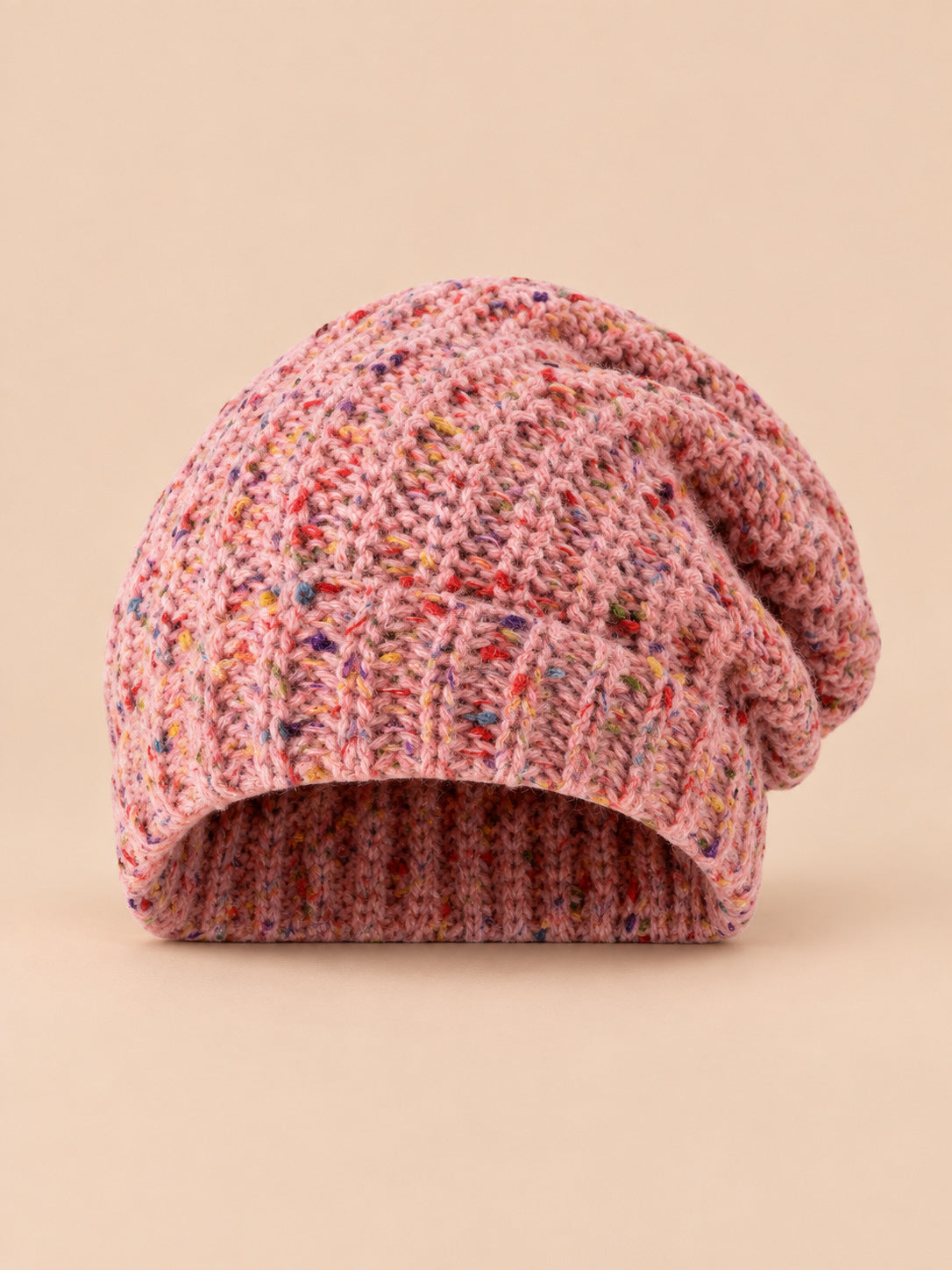 Bonnet slouchy femme bicolore en maille mouchetée, rose, vue de face