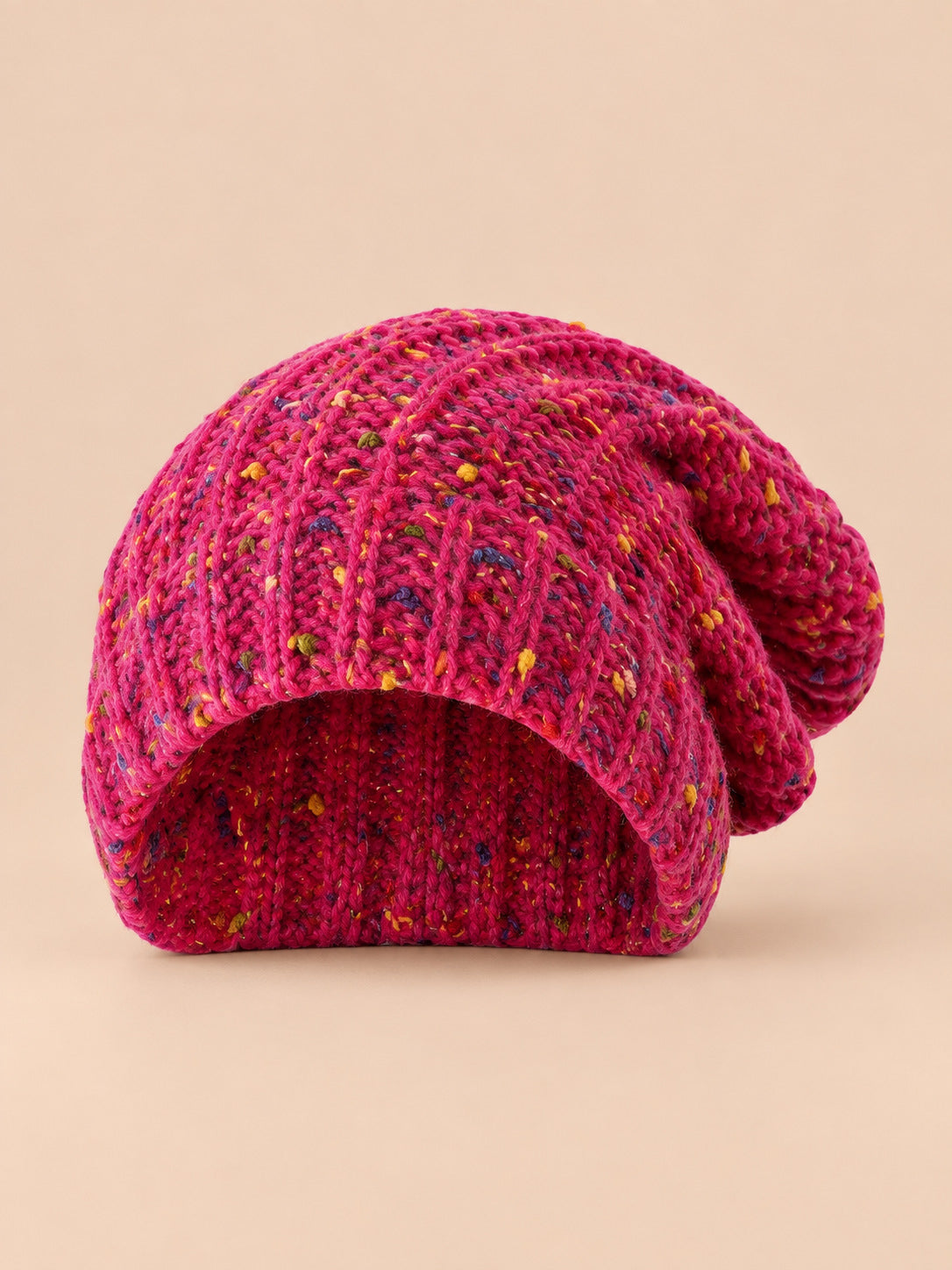 Bonnet slouchy femme bicolore en maille mouchetée, vieux rose, vue de face