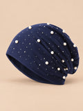 Long Beanie für Damen mit Perlen und Strass – Farbvariante Marineblau, Ansicht von vorn