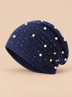 Long Beanie für Damen mit Perlen und Strass – Farbvariante Marineblau, Ansicht von vorn