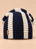Long Beanie für Damen mit Kontraststreifen – Farbvariante Marineblau / Beige, Ansicht von vorn
