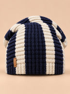 Long Beanie für Damen mit Kontraststreifen – Farbvariante Marineblau / Beige, Ansicht von vorn