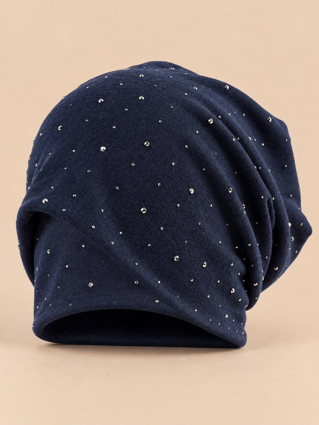 Long Beanie für Damen aus Baumwollmischung mit Strass – Farbvariante Marineblau, Ansicht von vorn