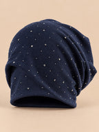 Long Beanie für Damen aus Baumwollmischung mit Strass – Farbvariante Marineblau, Ansicht von vorn